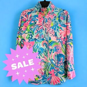 Lilly Pulitzer Jacket UPF 50+ Skipper Popover Turquoise Oasis Golden Hour (S)